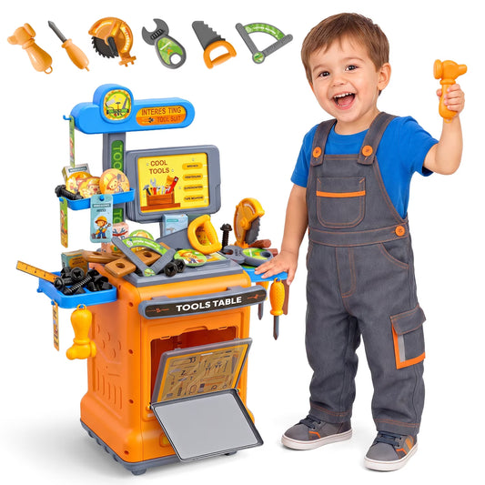 66Pcs Kids Tool Bench Toy, Rolling Tool Cart, Pretend Play Toddler Workbench with Realistic Tool,Large Storage, Construction Playset Toys for Boys and Girls Ages 3 4 5 6 Birthday Gifts