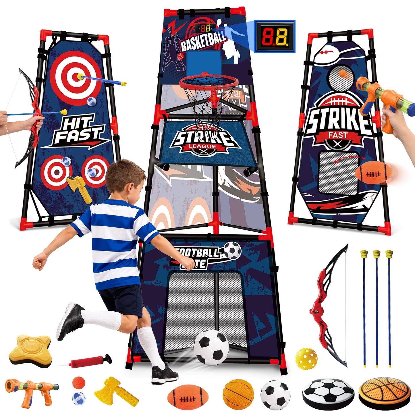 8 in 1 Kids Sports Game Set, Basketball Hoop, Soccer Goal, Football Toss & Target Games, Backyard Indoor Outdoor Toys for Kids Ages 3-8, Gifts for Toddler Boys Girls