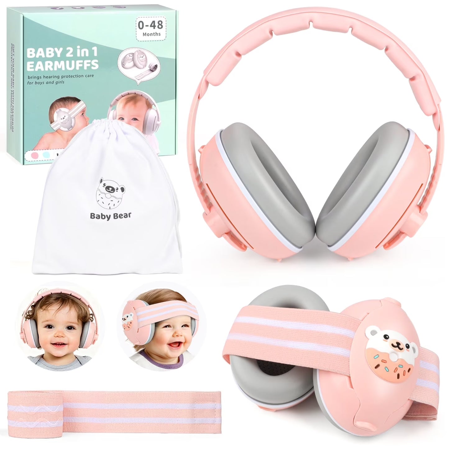 2-in-1 Baby Ear Muffs Noise Protection,Noise Canceling Headphones for kids 0-36 Months, Infant Ear Protection for Plane & Sleep, Adjustable Headband - Pink