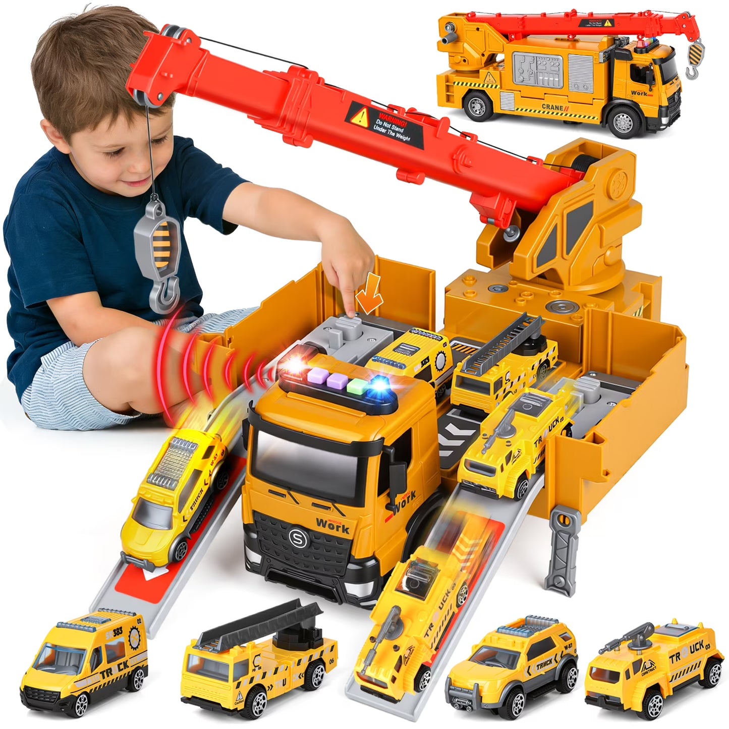 Construction Crane Truck Toys for Boys Age 4-7, Transform Ejector Truck Race Car, Construction Vehicles Toy Playset, Sounds and Lights, Christmas Birthday Gifts for 3-6 Years Old Boys Kids