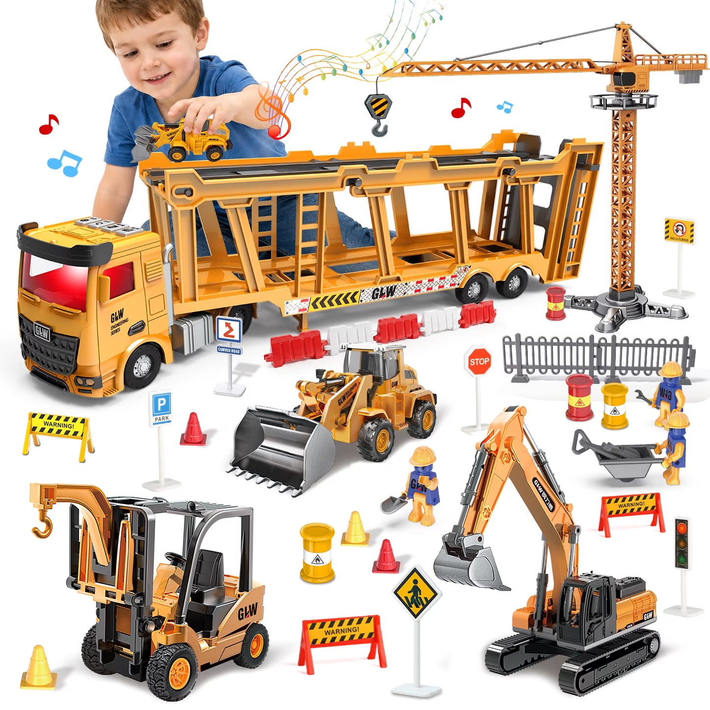onstruction Crane Truck Toy for Boys 3-6 Years, Alloy Construction Vehicle Toy Set w/Light & Sound, Excavator Cars Gifts for Age 3 4 5 6 7 Years Old Boys Kids
