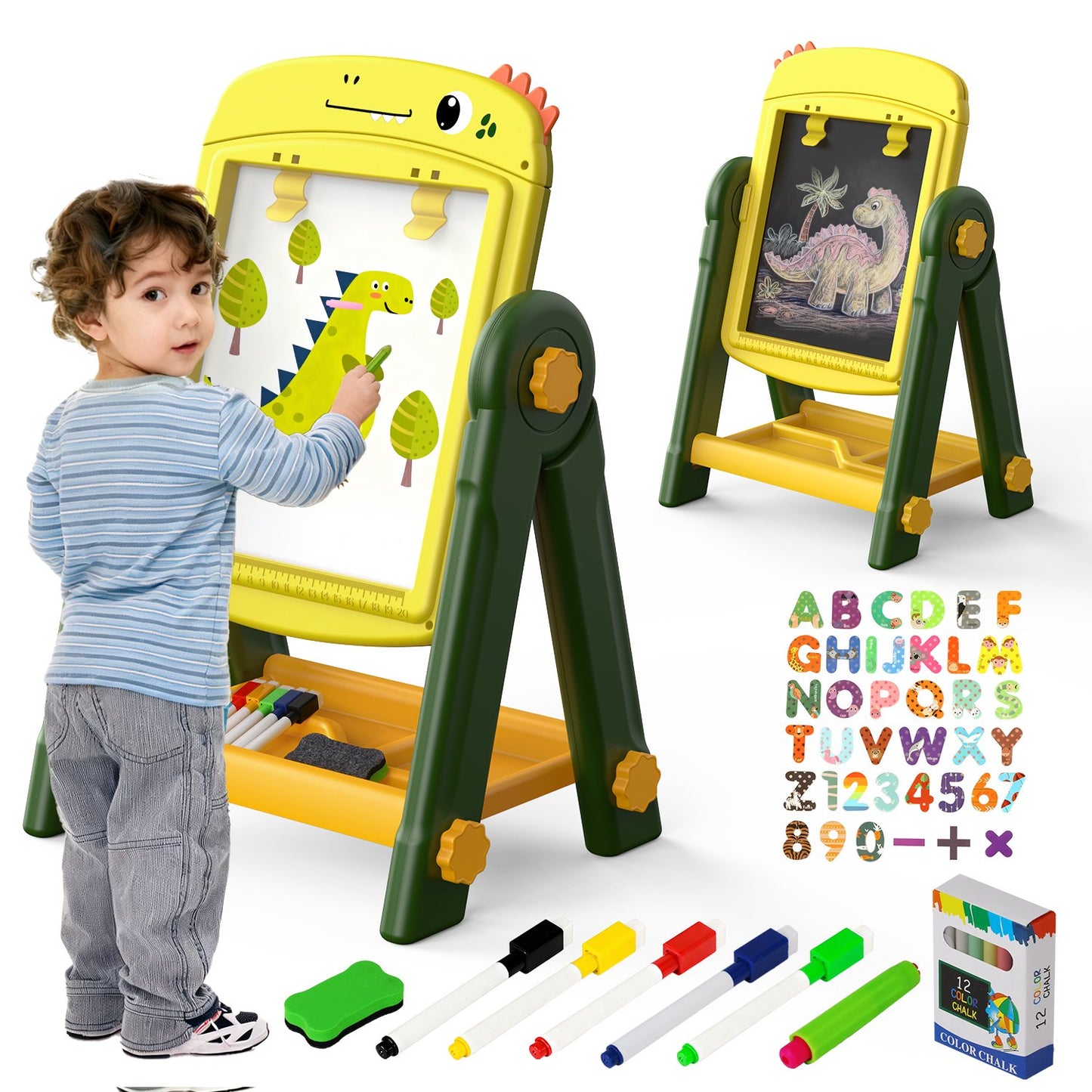 Easel for Kids, Kids Art Easel for Toddlers Age 2-4, Standing Double Sided Magnetic Drawing Board with Chalkboard Whiteboard, Christmas Birthday Gift for Boys Girls 2 3 4 5 Years Old