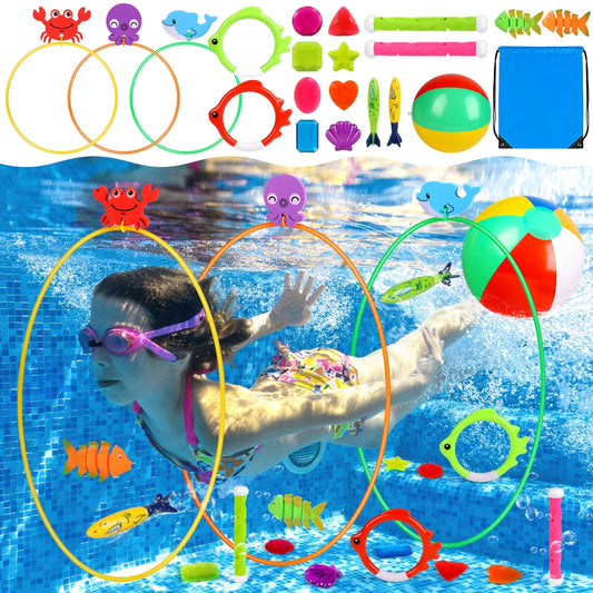 Diving Pool Toys for Kids Ages 4-8 8-12, 24Pcs Pool/Beach Party Games Sinking Set with Storage Bag, Summer Swim Water Fish Toys for Boys & Girls