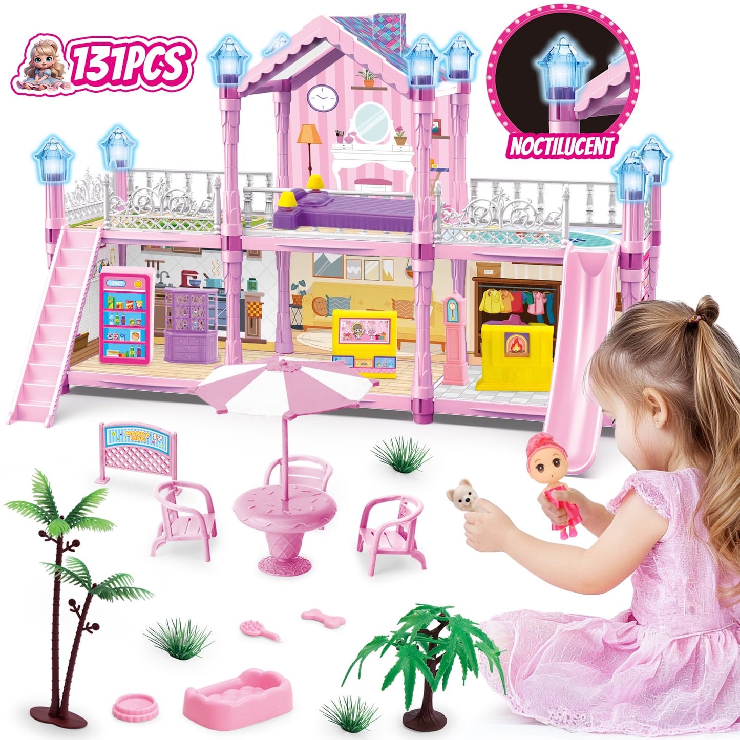 Dollhouse Kit for Girls Ages 3-6, 131PCS Pink DIY Pretend Play Toy House With Slide, Lights, 4 Rooms 2 Balconies Furniture, Birthday Gift for 2 3 4 5 Years Old Girls/Kids/Toddlers.