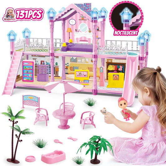 Dollhouse Kit for Girls Ages 3-6, 131PCS Pink DIY Pretend Play Toy House With Slide, Lights, 4 Rooms 2 Balconies Furniture, Birthday Gift for 2 3 4 5 Years Old Girls/Kids/Toddlers.