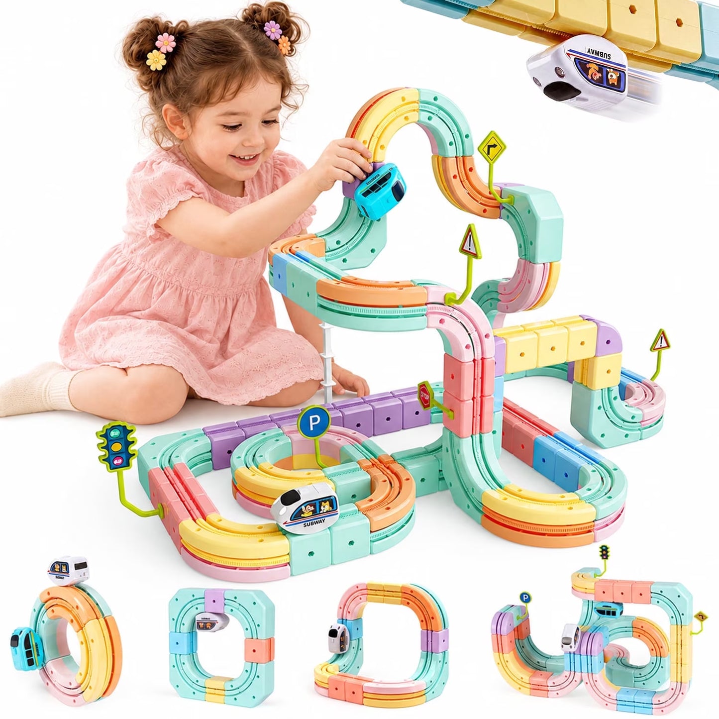 134PCS Electric Train Set for Kids, Gravity-Defying 3D Train Track Set, Flexible Snap-On Race Car Track, STEM Building Train Toy Birthday Gifts for Boys Girls 3 4 5 6 7 8
