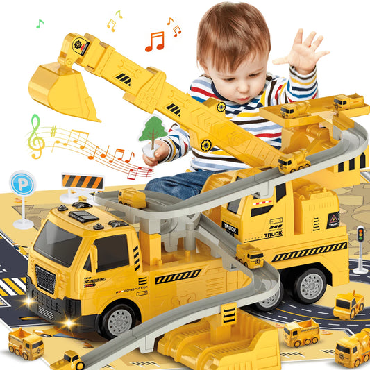 Construction Truck Toys for Boys 3-6 Years, Kids Excavator Crane Truck Toy W/Track, Sound & Light, Birthday & Christmas Gifts for 3 4 5 6 7 8 Years Old Boys Kids Toddlers