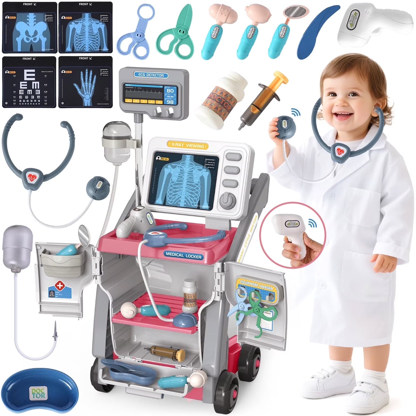Kids Doctors Play Set, Toy Doctor Kit for Toddlers 3-5，Pretend Play Medical Station Toy Set for Girls Boys, Role Play Doctor Cart Christmas Birthday Gift for Toddlers/Kids Ages 2-4 3-5.(Red)
