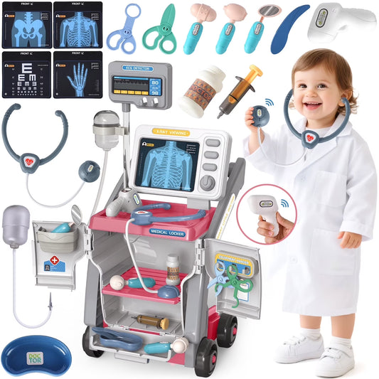 Kids Doctors Play Set, Toy Doctor Kit for Toddlers 3-5，Pretend Play Medical Station Toy Set for Girls Boys, Role Play Doctor Cart Christmas Birthday Gift for Toddlers/Kids Ages 2-4 3-5.(Red)
