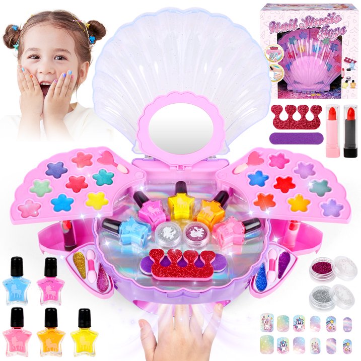 Kids Nail Polish Set & Makeup Kit for Girls, 2-In-1 Nail Art Kit with Nail Dryer & Makeup Toy, Non Toxic Peel-Off Nail Polish, Real Cosmetic, Girl Stuff Birthday Gifts for Kids Ages 3-12