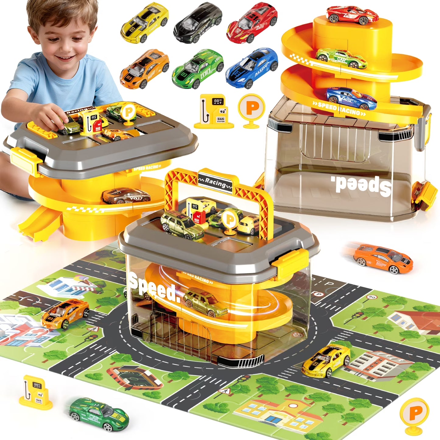 Puzzle Track Car Play Set, Parking Lot Toddler Race Car Track Toy Set for Kids with 6 Alloy Cars , Racing Toys for 3-8 Years Old Boys Kids Toddler Car Games Christmas Birthday Gifts