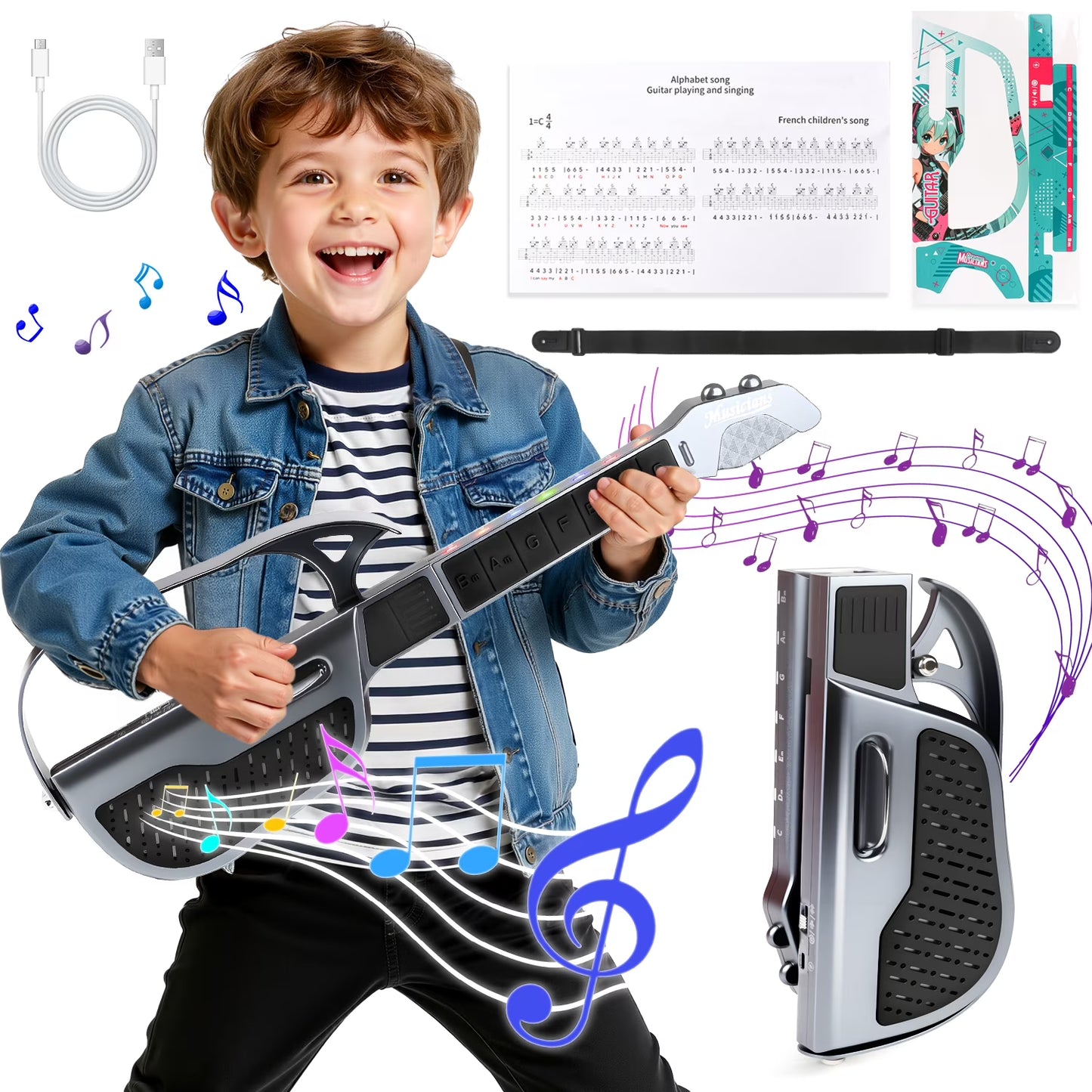Kids Guitar Toy, Kids Electric Guitar Musical Instrument Toy, Stringless & Foldable & Three Tones Switch & Rechargeable Toddler Guitar for 3 4 5 6 Boys Girls Christmas Birthday Gifts, Black