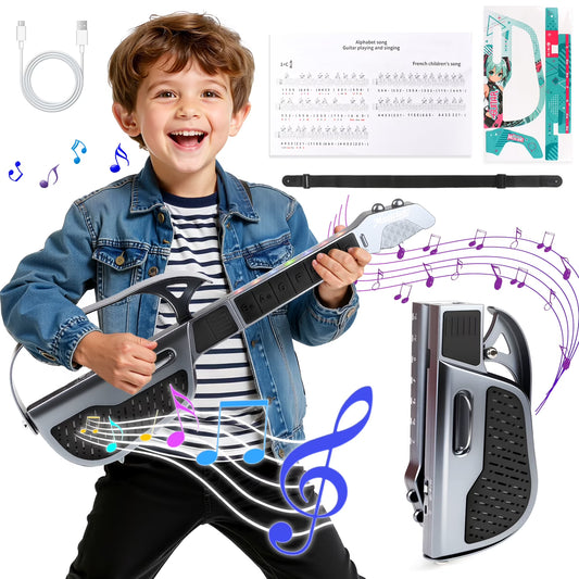 Kids Guitar Toy, Kids Electric Guitar Musical Instrument Toy, Stringless & Foldable & Three Tones Switch & Rechargeable Toddler Guitar for 3 4 5 6 Boys Girls Christmas Birthday Gifts, Black