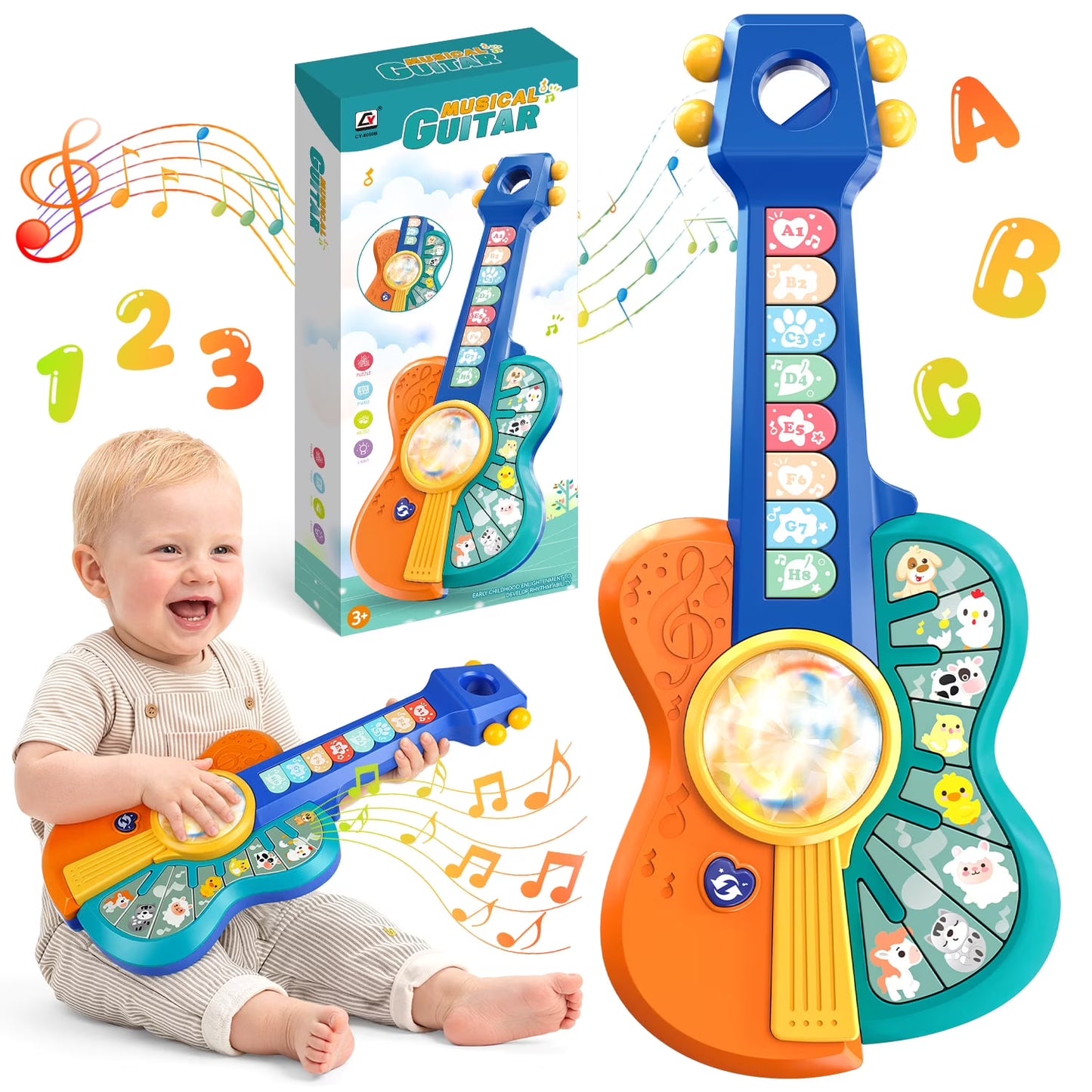 Toy Guitar for Toddlers, Baby Musical Guitar Piano Toys for 12-18 Month Baby, Multiple Modes with Animal Sound and Light, Educational Toys for 1 2 Year Old Boys Girls Birthday Gifts