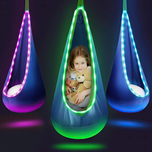 Kids Pod Swing Seat, Light Up Hanging Hammock Chair with Inflatable Pillow, Indoor and Outdoor Toy Sensory Swing for kids, 100% Cotton Loading Capacity 176 lbs