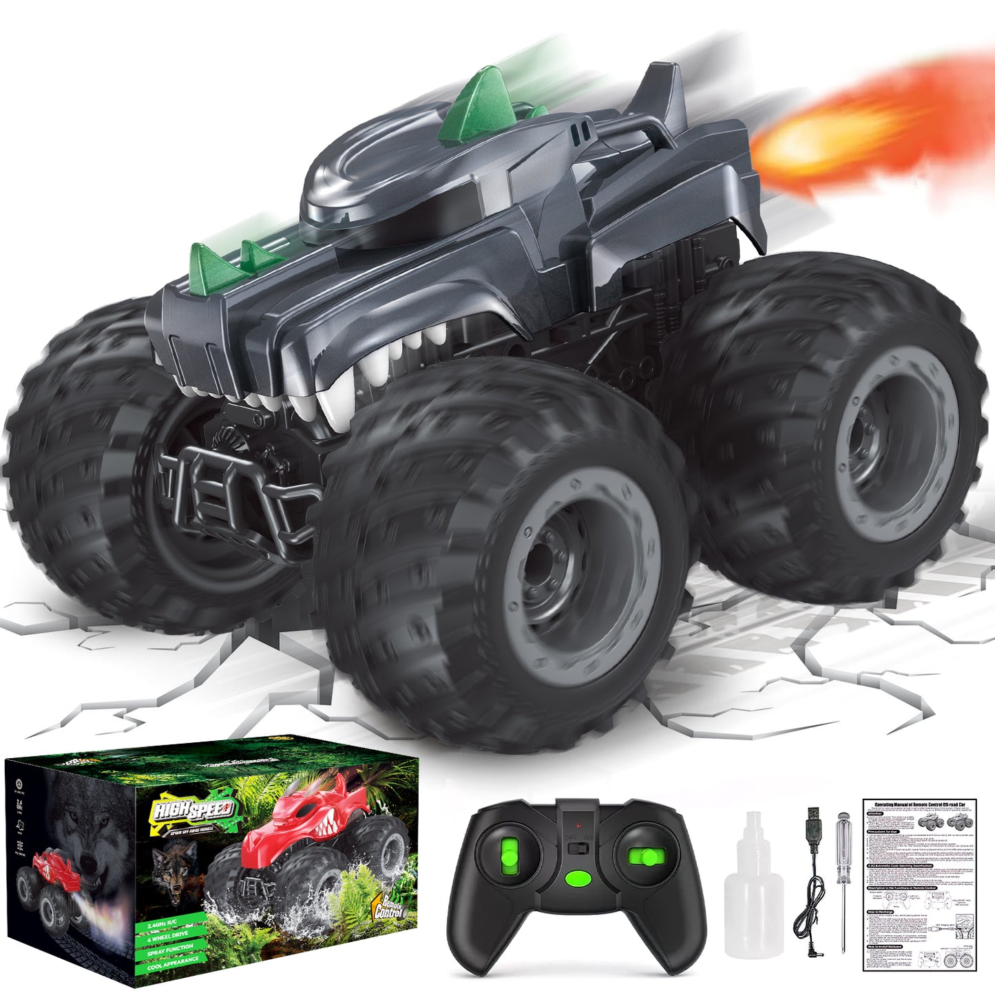 Remote Control Car for Boys, Monster Truck Toys, Remote Control Car with Light and Spray, Birthday Christmas Gifts for Kids Boys Girls Age 3-6 7-12, Gray