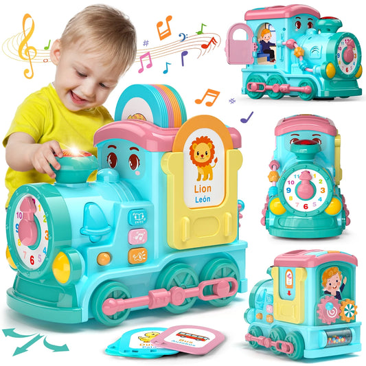 Toddler Toys Montessori Toys for 1 Year Old Girl Gifts, 24-in-1 Multi Musical Train with Talking Flash Cards, Blue