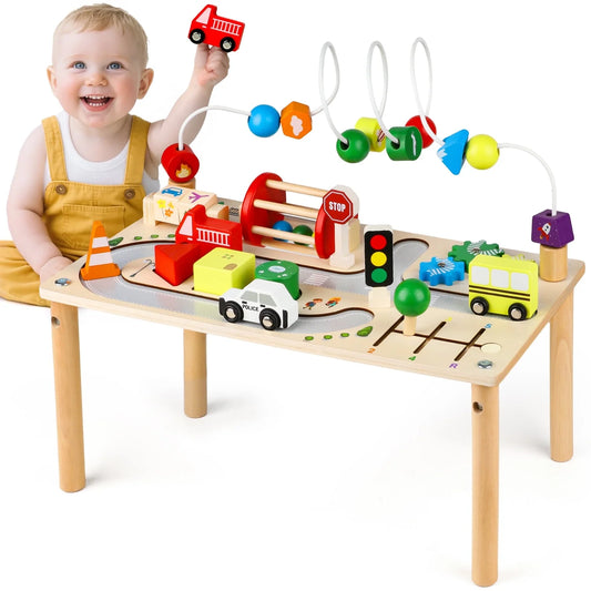 Montessori Toys for 1 2 3 4 Year Old, 7 in 1 Baby Toys for 6-18 Months, Wooden Toddler Activity Table, Kids Traffic Sensory Table, Learning Gifts for Baby Girls Boys, Christmas Birthday Gift