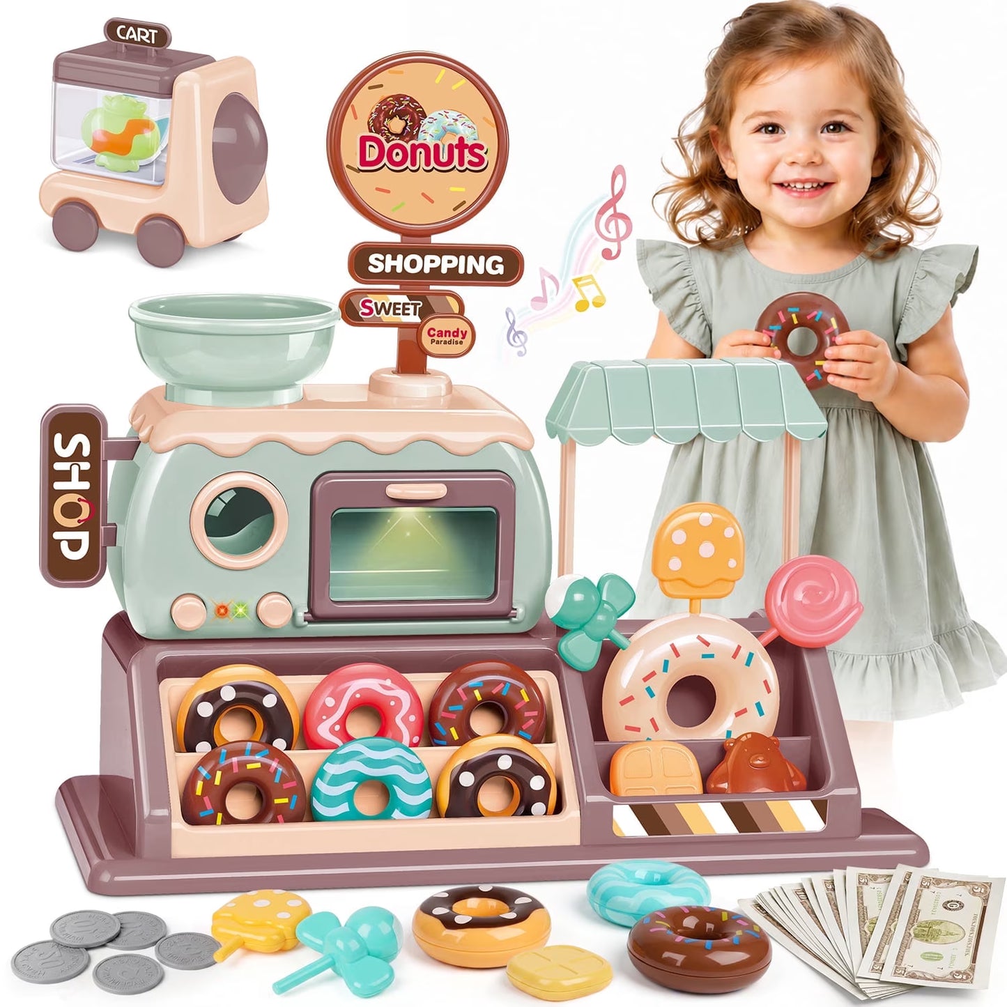 Donut Shop Playset for Kids, Pretend Play Food Set for Kids Kitchen with Light and Sound Toy Oven, Ice Cream Cart, Toy Food Birthday Gift for Girls Ages 3 4 5 6 Years.