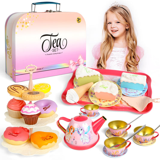 Kid Tea Set, Unicorn Tea Party Set for Girls, 42PCS Princess Pretend Toys with Tin Teapot Kitchen Toy, Perfect Birthday Christmas Gift for Girls Age 3 4 5 6+