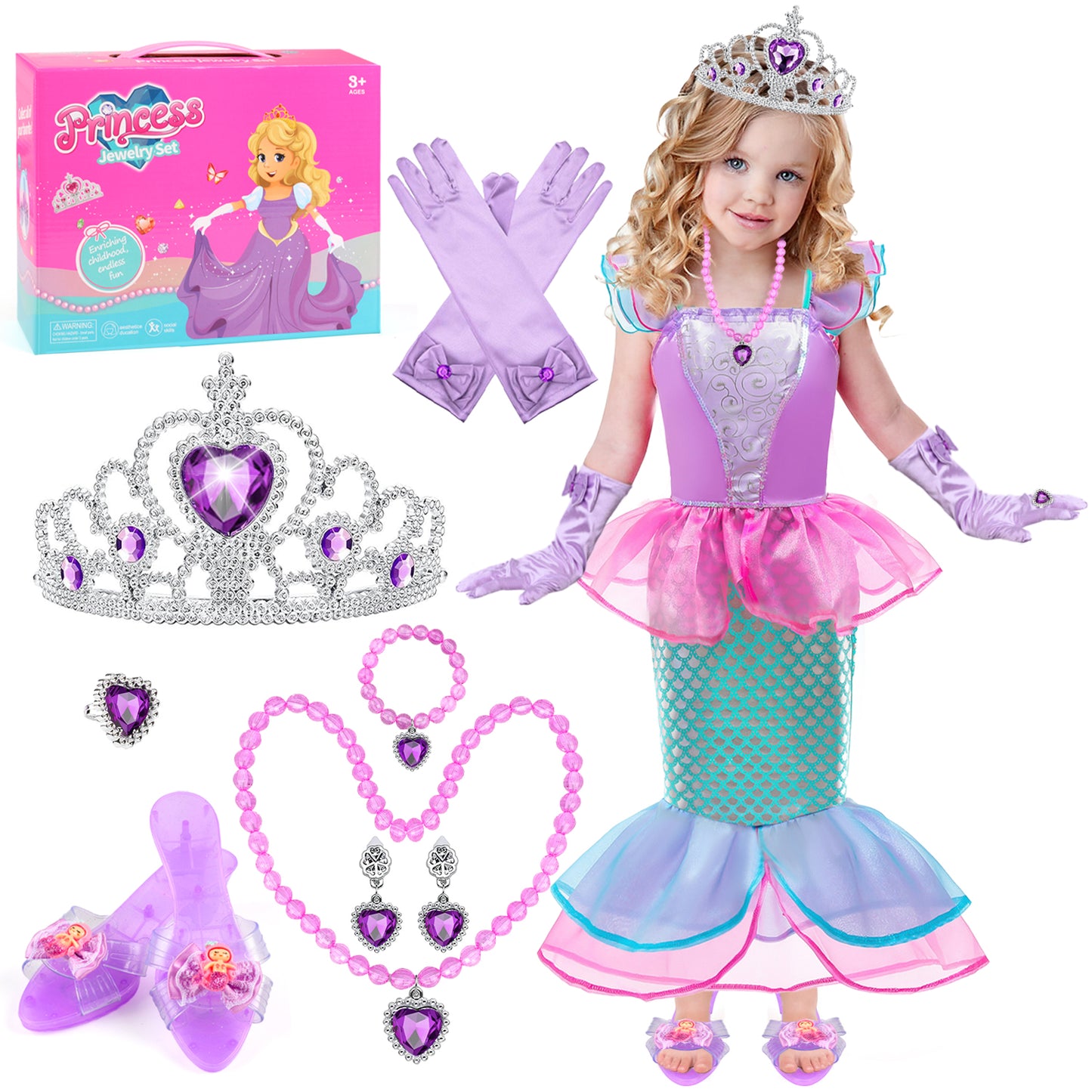 Princess Costume for Girls, Dress Up Toy Set for Girls with Accessories, Birthday Party Dress Up for girls Age 3 4 5 6 7