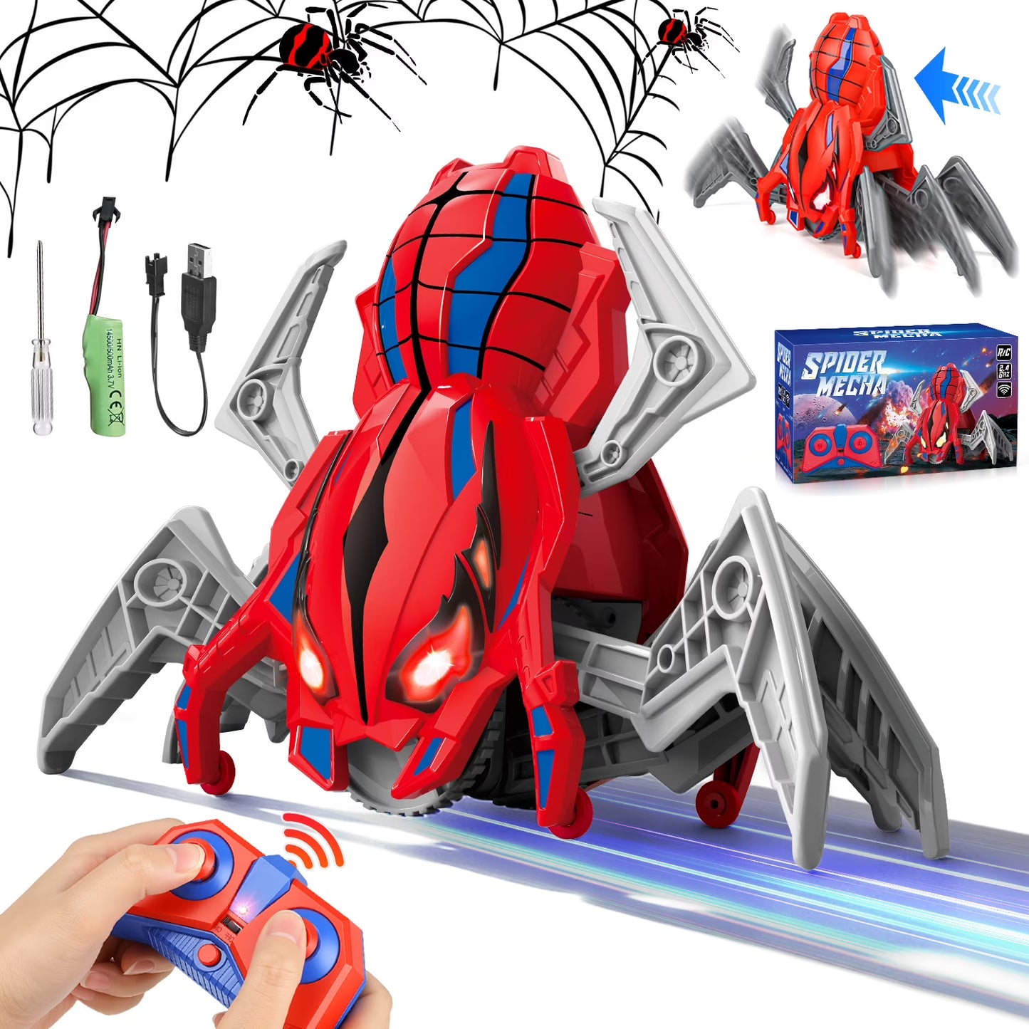Remote Control Car for Boys 4-7, 2.4G Spider RC Car Toy with Led Lights & Realistic Moving Legs, Rechargeable Crawling Car, Birthday Gift Toys for Boys Kids Aged 8-12