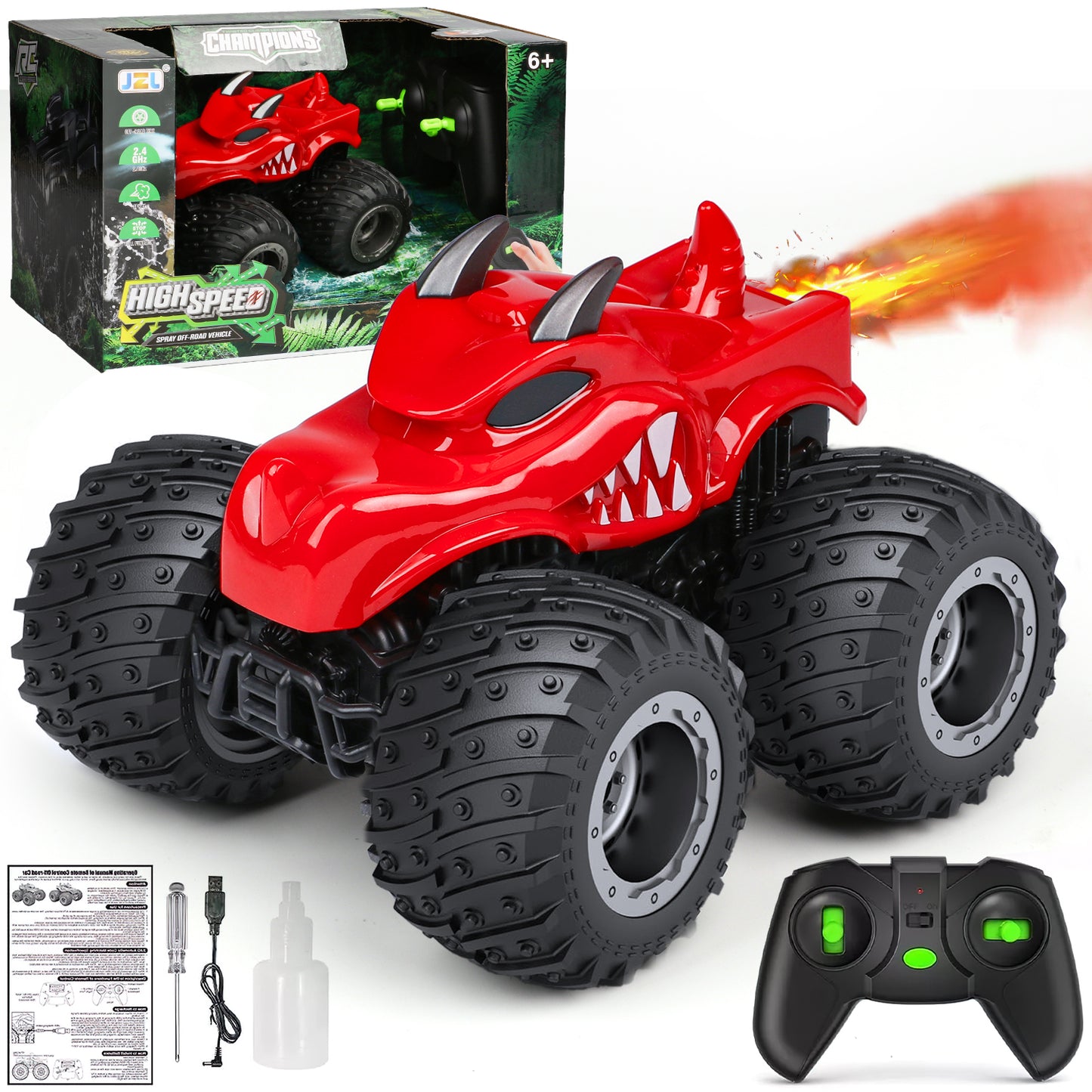 Remote Control Dinosaur Toy Cars for Kids, 2.4 GHz RC Monster Trucks for Boy with Spray, All Terrain RC Dinosaur Car, Christmas Birthday Gifts for ages 3 4 5 4 6 7 8 Boys Toys, Red