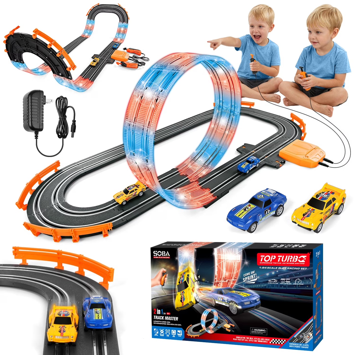 2-in-1 Slot Car Race Track Set, Electric Race Track for Kids 4-8 with 1:64 High-Speed Racing Car, Dual Racing Game Lap Counter Circular Overpass Flash Tracks, Gifts Toys for Boys Kids age 6-8-12