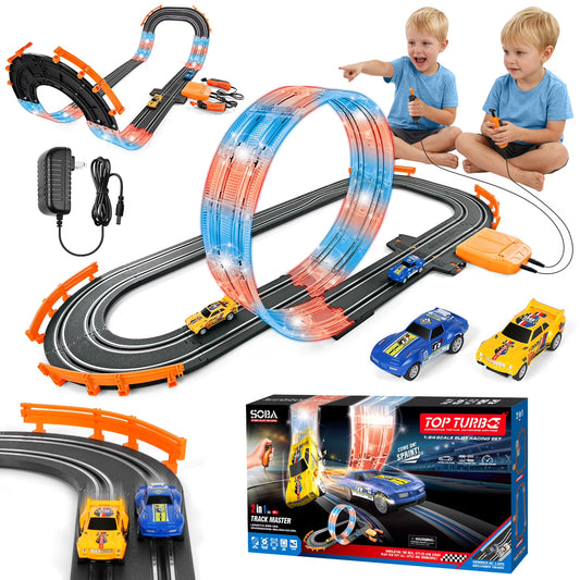 2-in-1 Slot Car Race Track Set, Electric Race Track for Kids 4-8 with 1:64 High-Speed Racing Car, Dual Racing Game Lap Counter Circular Overpass Flash Tracks, Gifts Toys for Boys Kids age 6-8-12