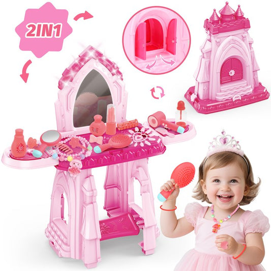 2 in 1 Toddler Vanity Set Play, Girls Makeup Table with Mirror and Lights, Castle with Storage Space, Kids Vanity Pretend Makeup Set Toys, Birthday Gifts for Toddler Girls 2 3 4 5 6 Year Old