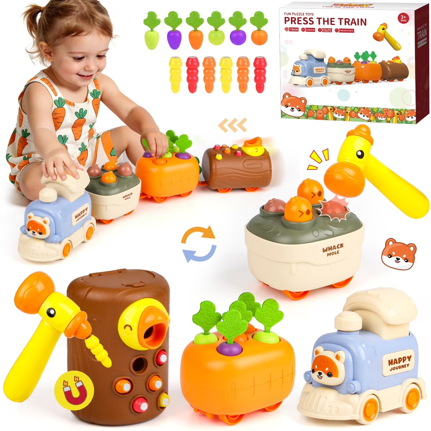 Press and Go Toy Cars for Toddlers 1-3, 4-in-1 Baby Push Car, Carrot Harvest Game, Whack-A-Mole, Woodpecker Worm, Train Car Toy Christmas Birthday Gift for 12-36 Months Baby Boys Girls