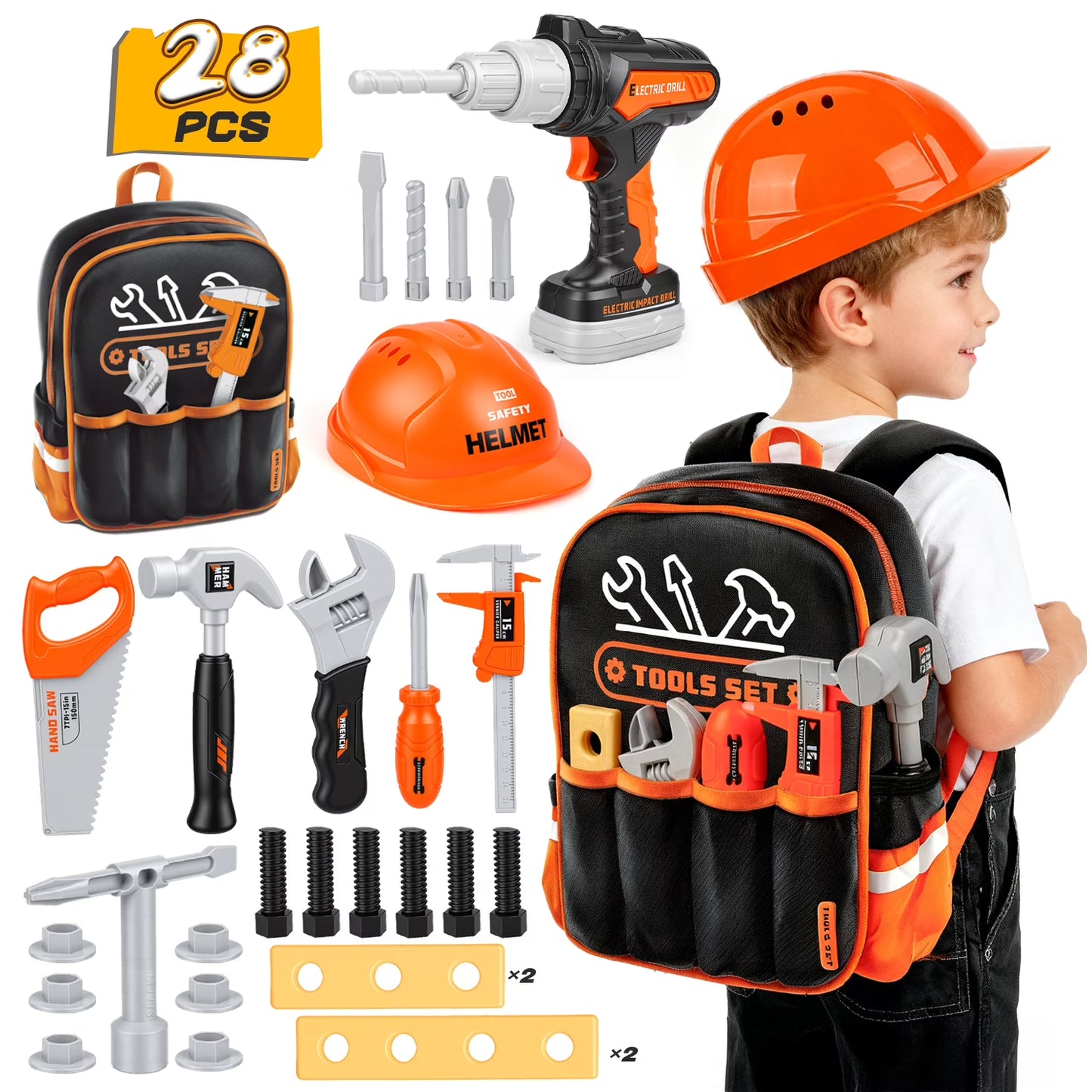 Kids Tool Set, 28PCS Toddler Tool Set with Backpack, Electronic Toy Drill and Screw Toys, Pretend Play Construction Tool Set for Toddlers Boys Girls Ages 3-5, Gifts for 3-7 Kids