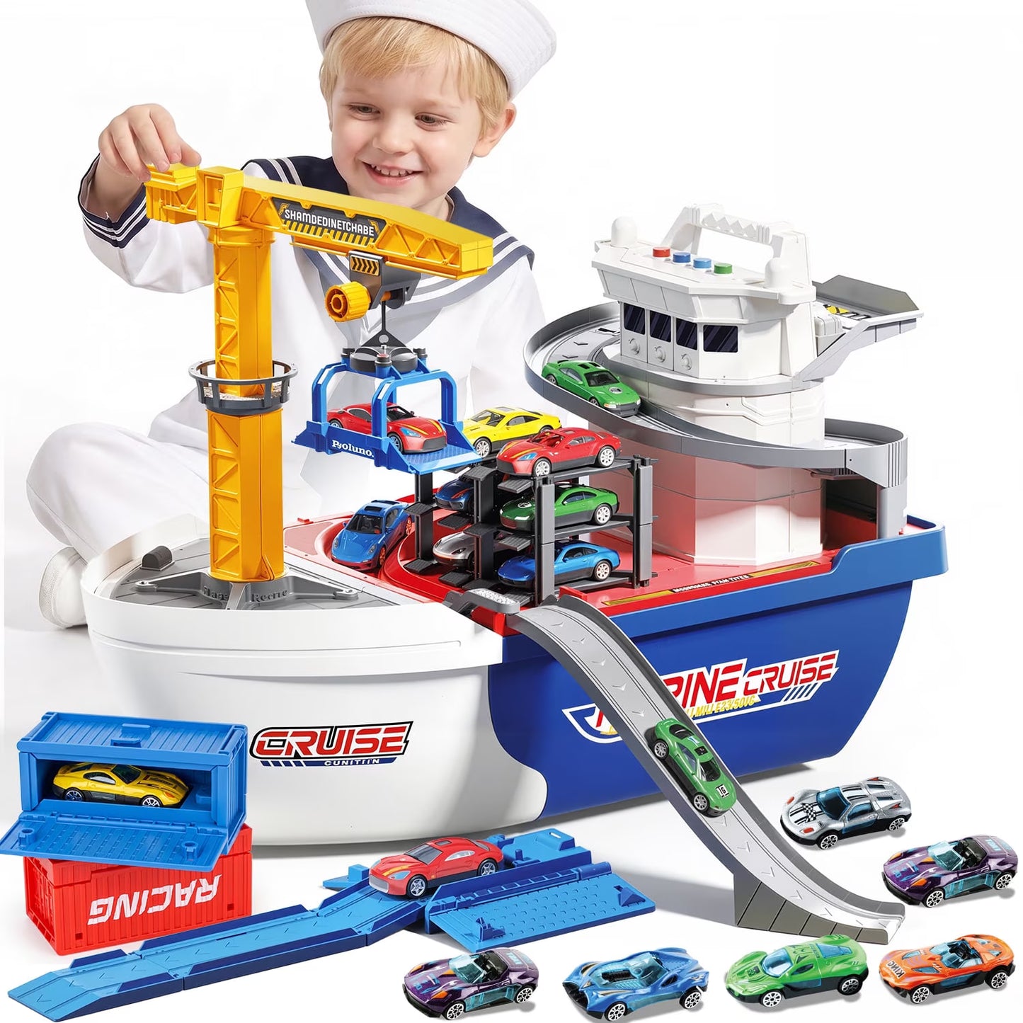 Cargo Ship Toy & Crane for kids, Toy Boat and Crane Playset, Race Track with 6 Cars, Transport Cruise Ship, Cargo Boat Toy Birthday Gift for 3 4 5 6 7 8 Years Old Boys Kids