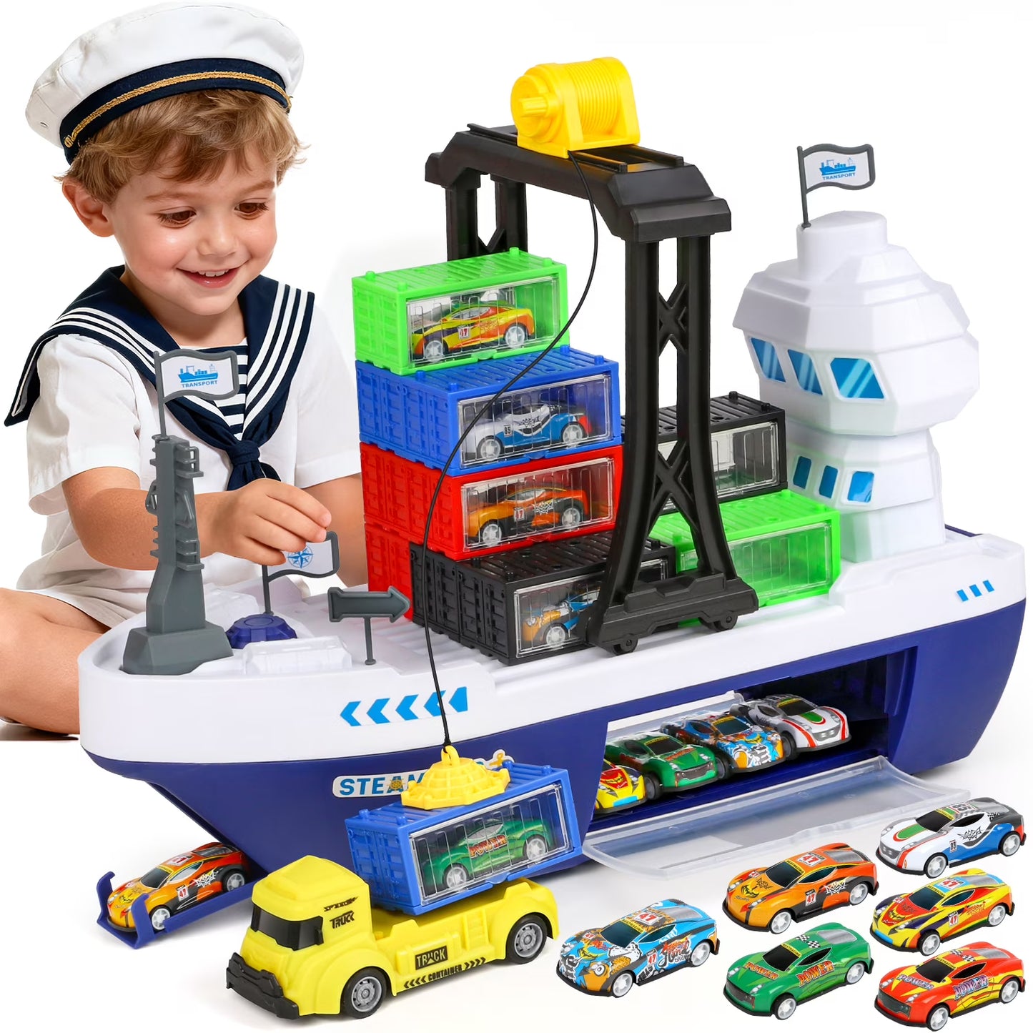 Cargo Ship Toy & Gantry Crane for kids, Toy Boat and Crane Playset with 6 Race Cars and 12 Containers, Transport Cruise Ship, Cargo Boat Toys Birthday Gift for 3 4 5 6 7 8 Year Old Boys Kids