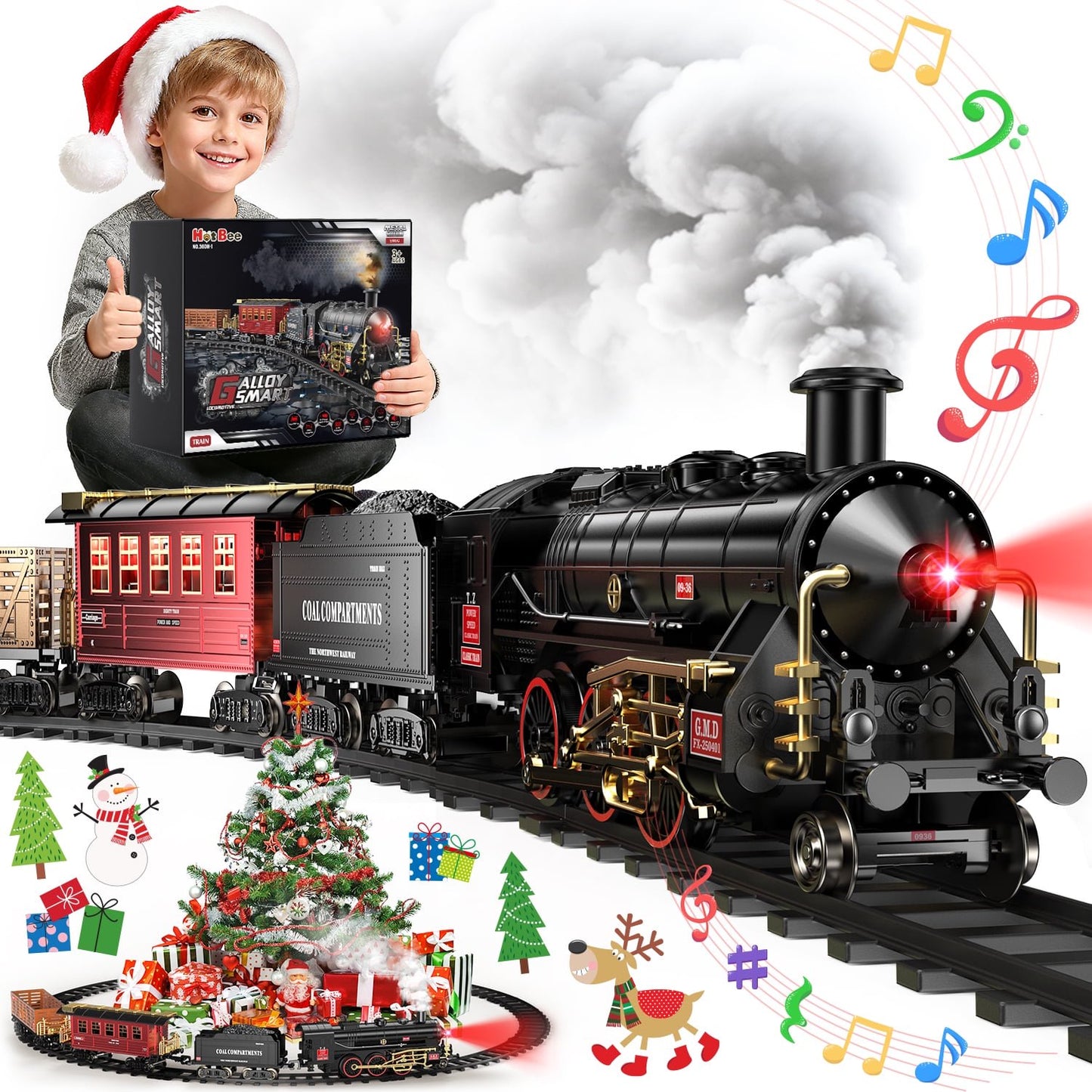 Electric Train Set Toy, Alloy Toddler Model Train Set with Smokes, Lights & Sound, Christmas Train Set with Steam Locomotive Engine, Educational Gift Toy Train for Boys Girls Age 2 3 4 5 6 Kids