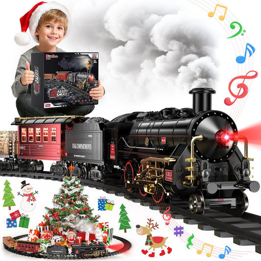 Electric Train Set Toy, Alloy Toddler Model Train Set with Smokes, Lights & Sound, Christmas Train Set with Steam Locomotive Engine, Educational Gift Toy Train for Boys Girls Age 2 3 4 5 6 Kids