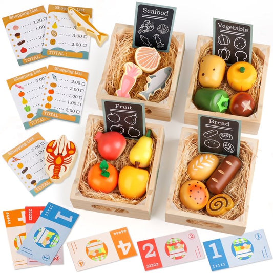 Wooden Play Food Set for Kids Kitchen, Wooden Toy Food,Pretend Play Kitchen Accessories Set, Play Food for Toddlers 1-3, 3 4 5 6 Year Kids Boys Girls Christmas Birthday Gifts