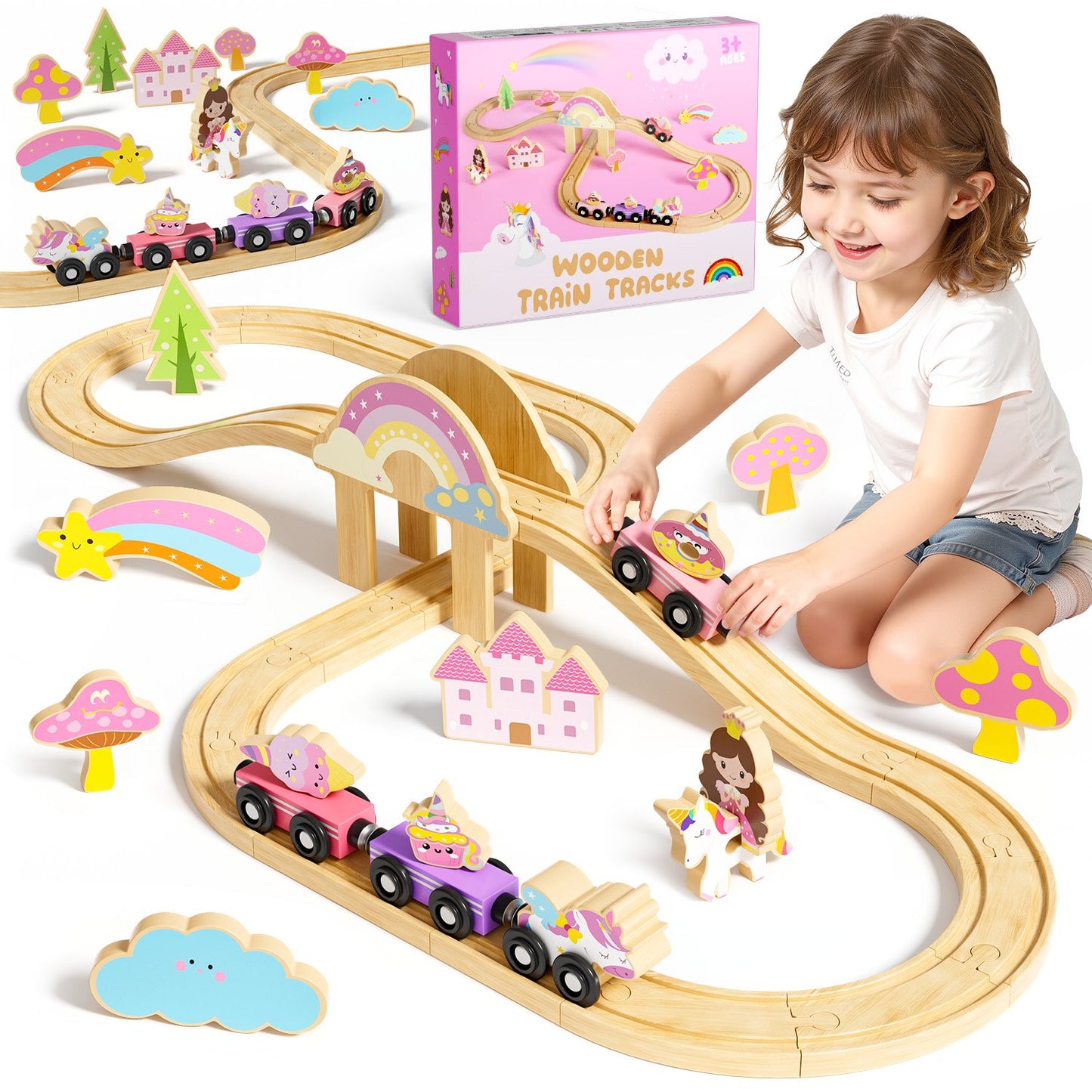 Wooden Train Set for Kids, Wooden Train Track for Toddlers 2 3 4 5, Unicorn Train Toy with 4 Magnetic Trains & Accessories, Railway Playset Christmas Birthday Gifts for 3 4 5 6 Year Girls Boys