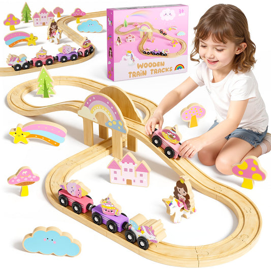Wooden Train Set for Kids, Wooden Train Track for Toddlers 2 3 4 5, Unicorn Train Toy with 4 Magnetic Trains & Accessories, Railway Playset Christmas Birthday Gifts for 3 4 5 6 Year Girls Boys