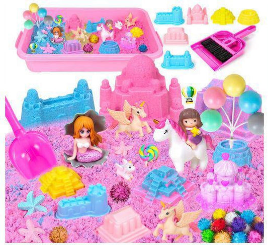 Unicorn Sensory Bin Toys, 37 PCS Sensory Bins for Toddlers 3-4 with Castle Molds and Sandbox, Christmas Birthday Gift for Girls Toddler Age 3 4 5 6 7 8