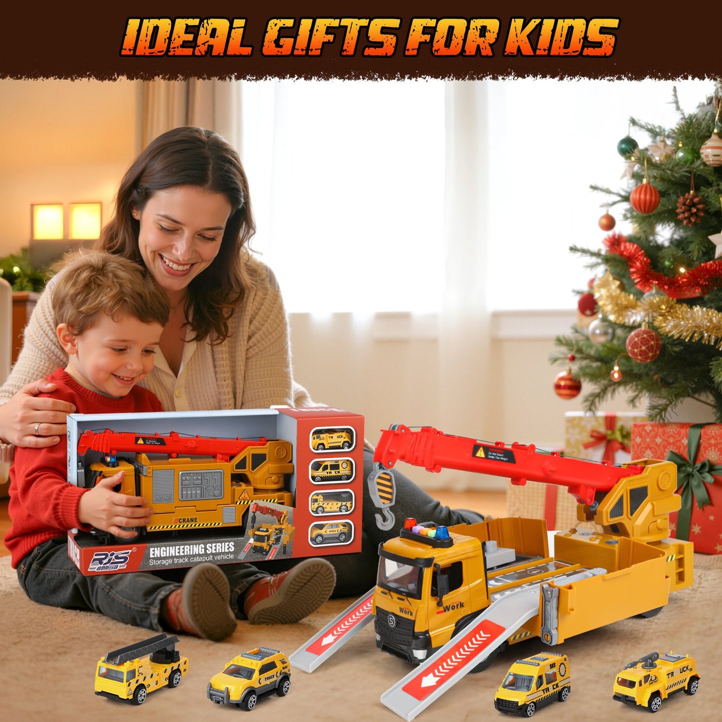 Construction Crane Truck Toys for Boys Age 4-7, Transform Ejector Truck Race Car, Construction Vehicles Toy Playset, Sounds and Lights, Christmas Birthday Gifts for 3-6 Years Old Boys Kids