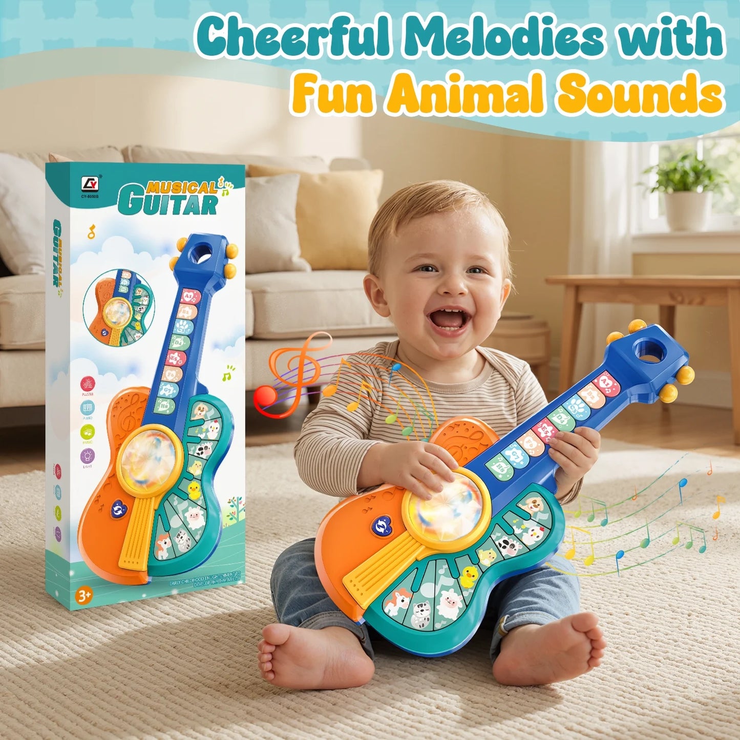 Toy Guitar for Toddlers, Baby Musical Guitar Piano Toys for 12-18 Month Baby, Multiple Modes with Animal Sound and Light, Educational Toys for 1 2 Year Old Boys Girls Birthday Gifts
