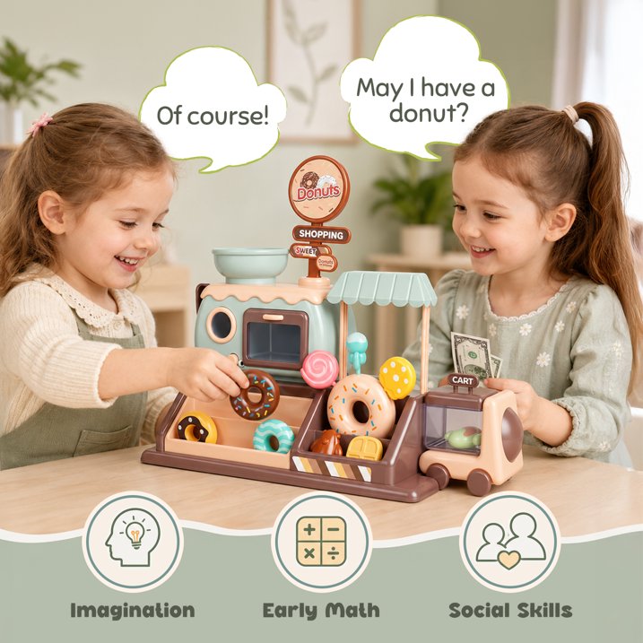 Donut Shop Playset for Kids, Pretend Play Food Set for Kids Kitchen with Light and Sound Toy Oven, Ice Cream Cart, Toy Food Birthday Gift for Girls Ages 3 4 5 6 Years.