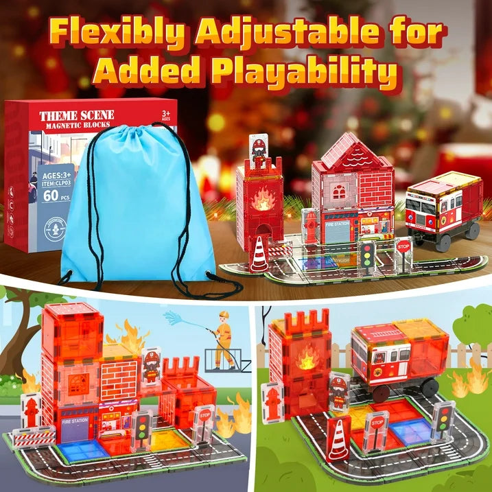Magnetic Tiles for Kids Ages 4-8, 60Pcs Magnetic Building Blocks, Construction Firetruck Toys Magnetic Tiles Road Set, Educational STEM Toys Christmas Birthday Gifts for Boys Girls Toddlers 3-5