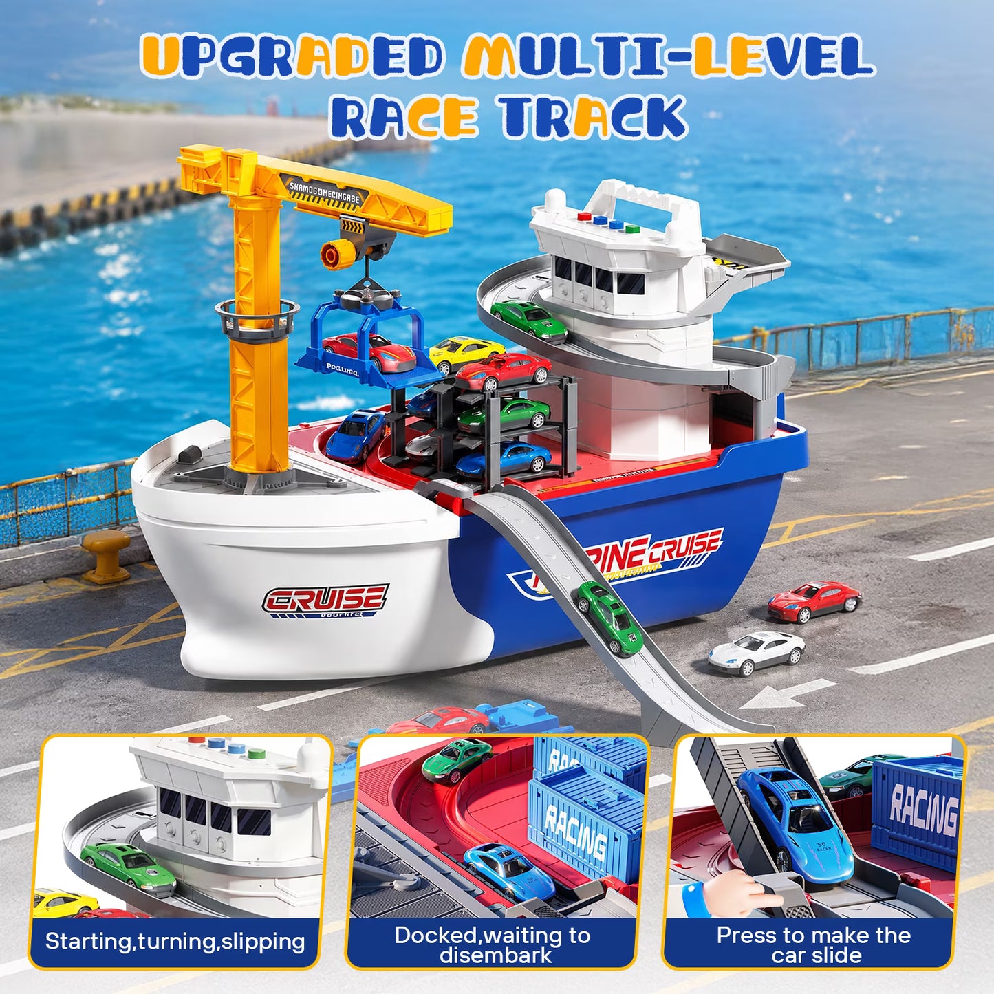Cargo Ship Toy & Crane for kids, Toy Boat and Crane Playset, Race Track with 6 Cars, Transport Cruise Ship, Cargo Boat Toy Birthday Gift for 3 4 5 6 7 8 Years Old Boys Kids