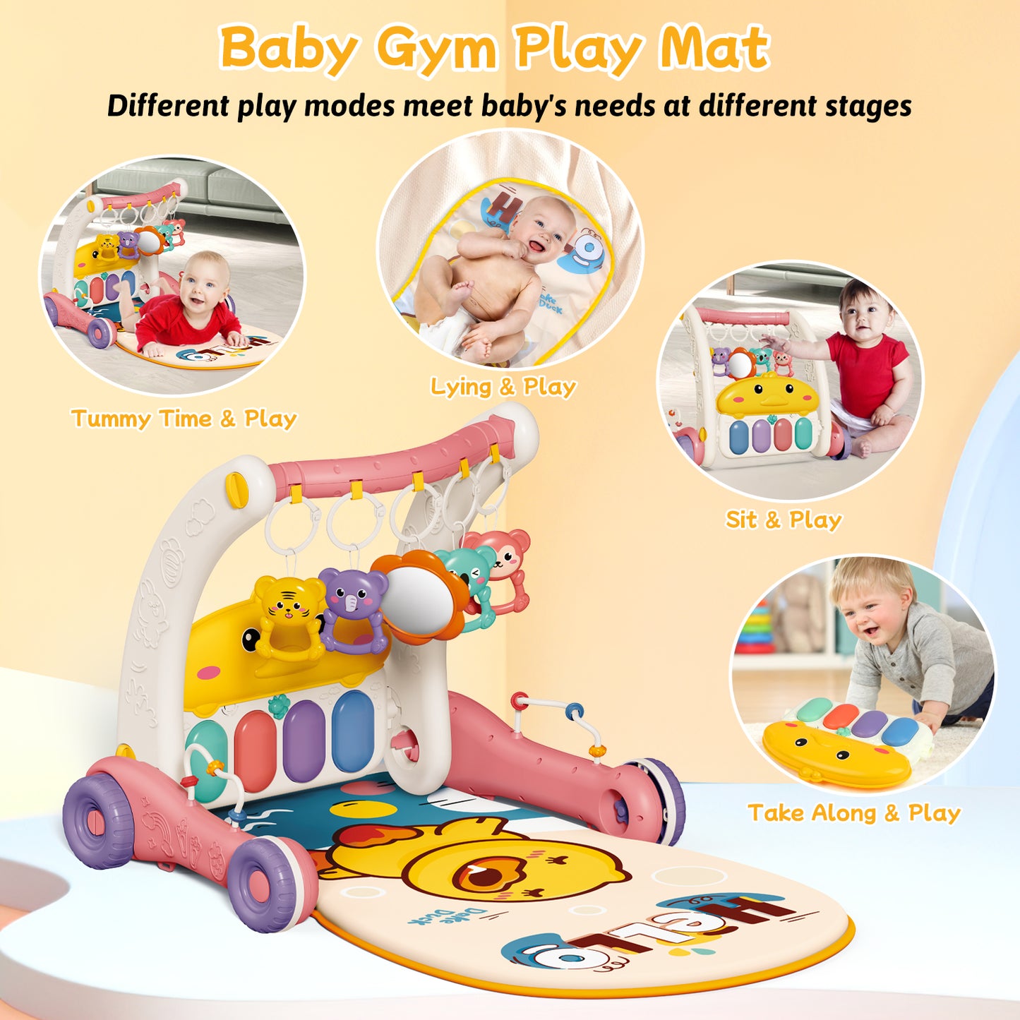 4 In 1 Baby Play Gym & Play Mats,Kick and Play Piano Gym, Baby Activity Walker for 0-24 Months Infant Newborn Toddler, Pink