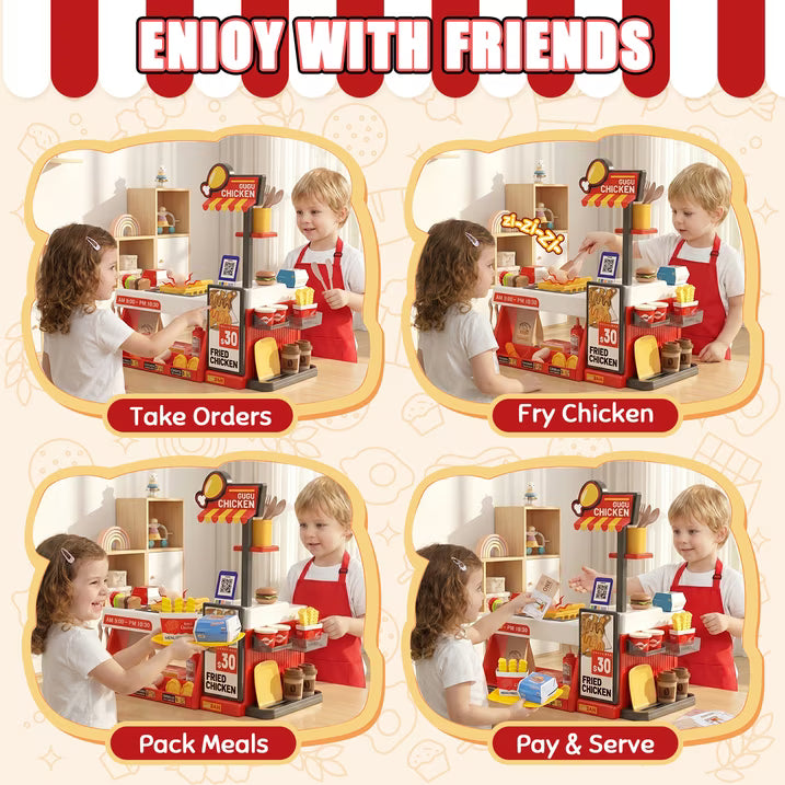 Kids Pretend Play Food Set, 52 Pcs Fried Chicken Shop Toy, Color Changing Fast Food Restaurant Toy with Burger, Fries, Coffee and Play Money, Christmas Birthday Gift for Boys Girls Ages 3-8
