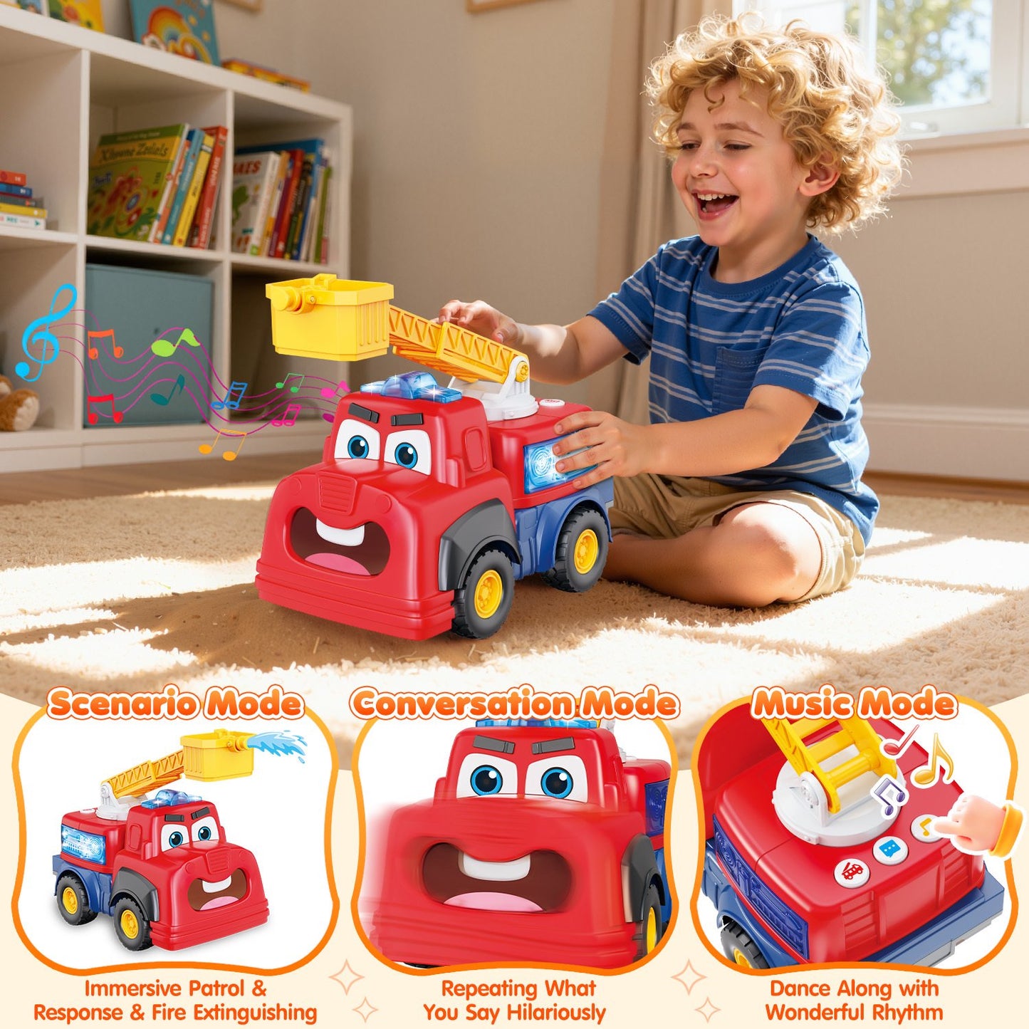 Fire Truck Toy for Toddlers 1-3, Interactive Talking Musical Car Toy, Recording Repeating Truck, Realistic Sirens & Sounds & Lights, Kids Fire Learning Toy for 2 Year Boy Girl Birthday Gifts