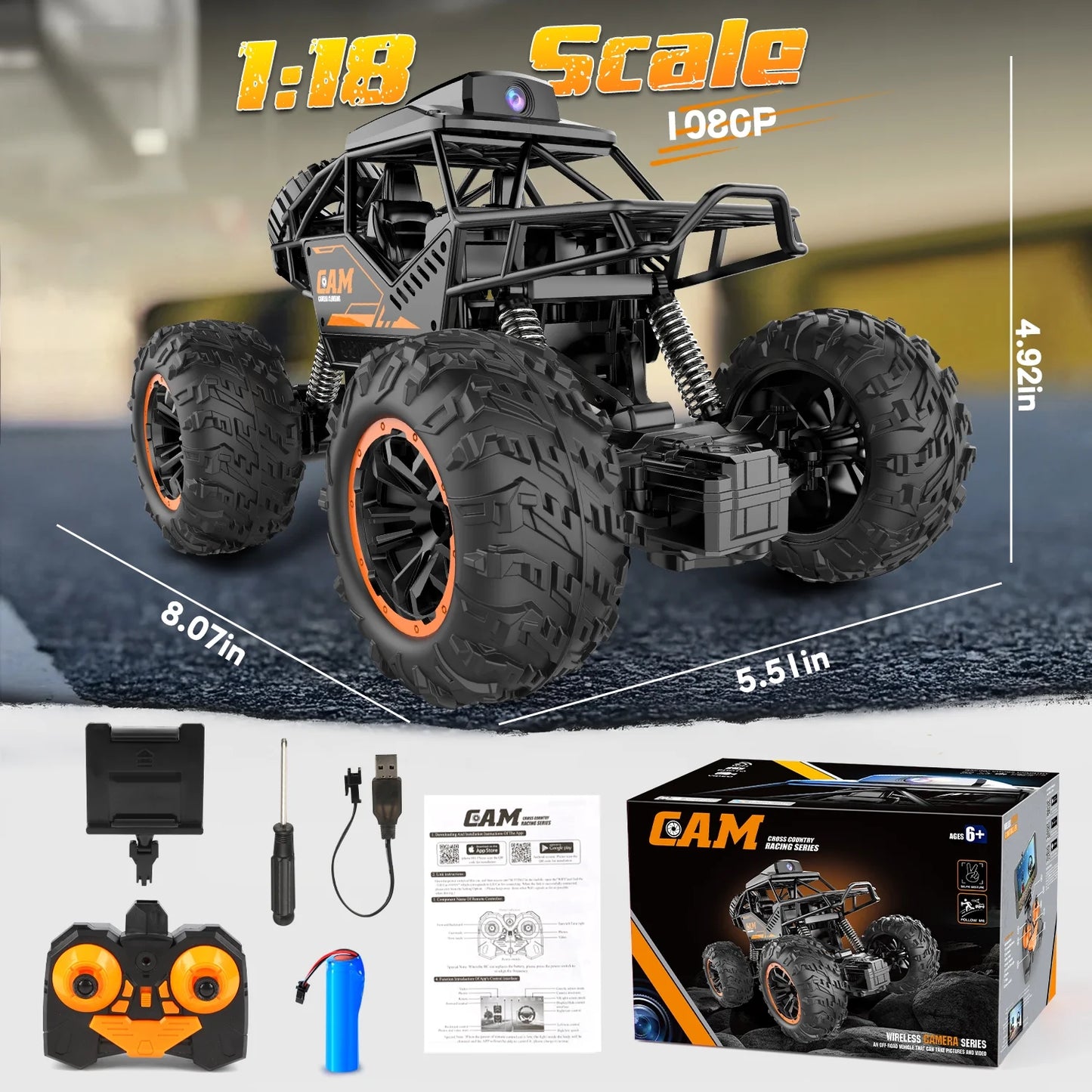 RC Car Toys for Boys, 1:18 Remote Control Car with 1080P HD Camera, 4WD RC Monster Truck, 2.4 Ghz Alloy Car Toy for Kids Boys Teens Adults Birthday Christmas Gifts, Black