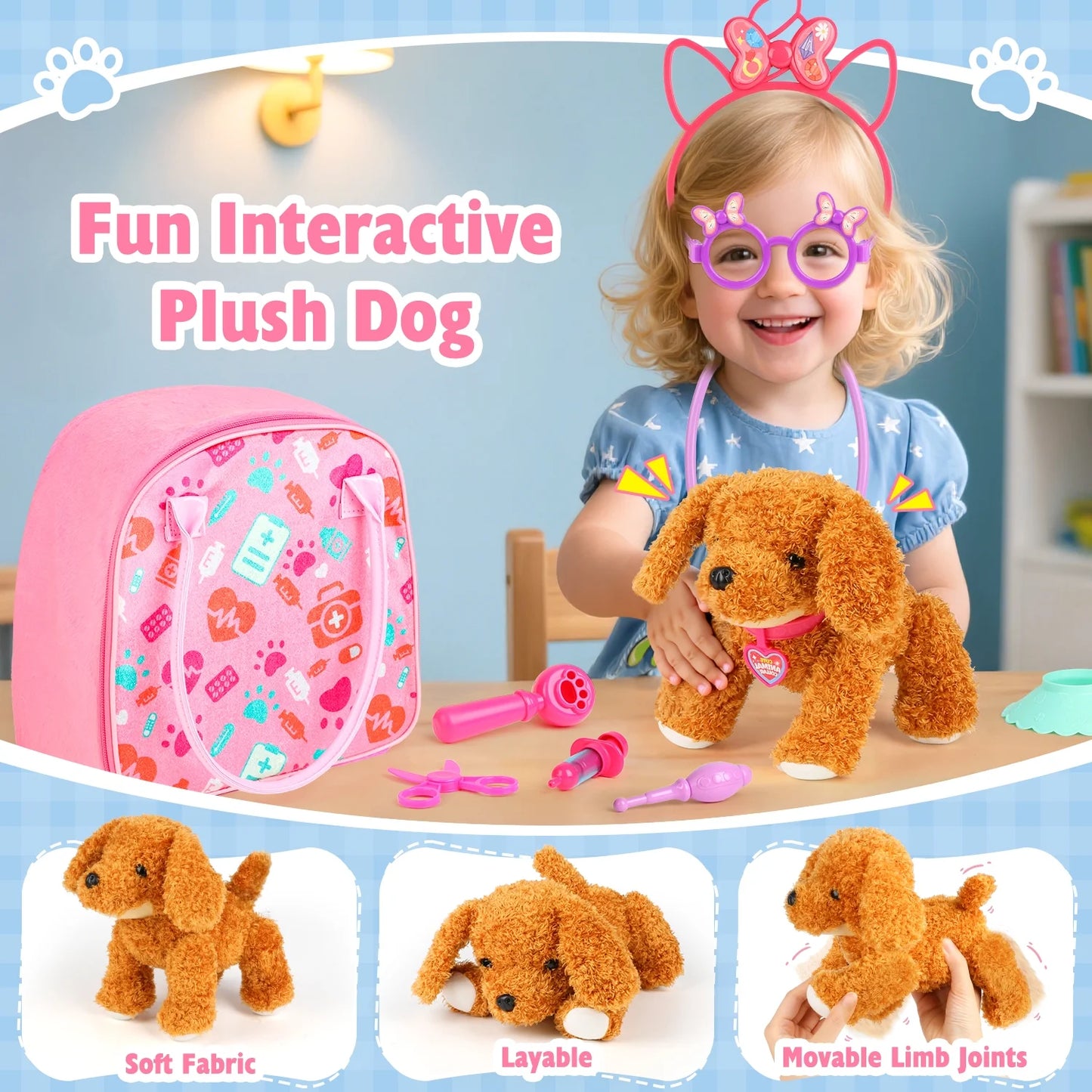 Veterinarian Kit for Kids, 12Pcs Vet Playset for Kids, Kids Doctors Play Set with Pet Handbag, Movable Joints Plush Dog Toys for Kids, Doctor Kit Birthday Gifts for Boys Girls Toddlers Ages 2 3 4